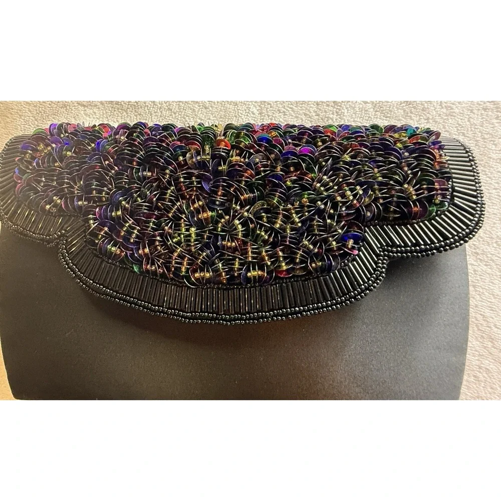 VTG La Regale Clutch Black‎ Satin Beaded Prom Mermaidcore Iridescent 